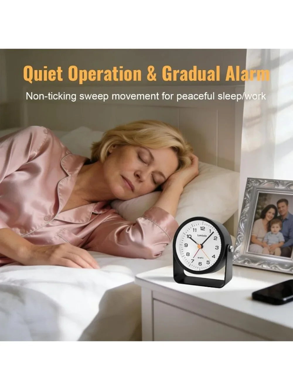 Home Black Analog Quartz Battery Vintage Operated Silent Small Desk Alarm Clock